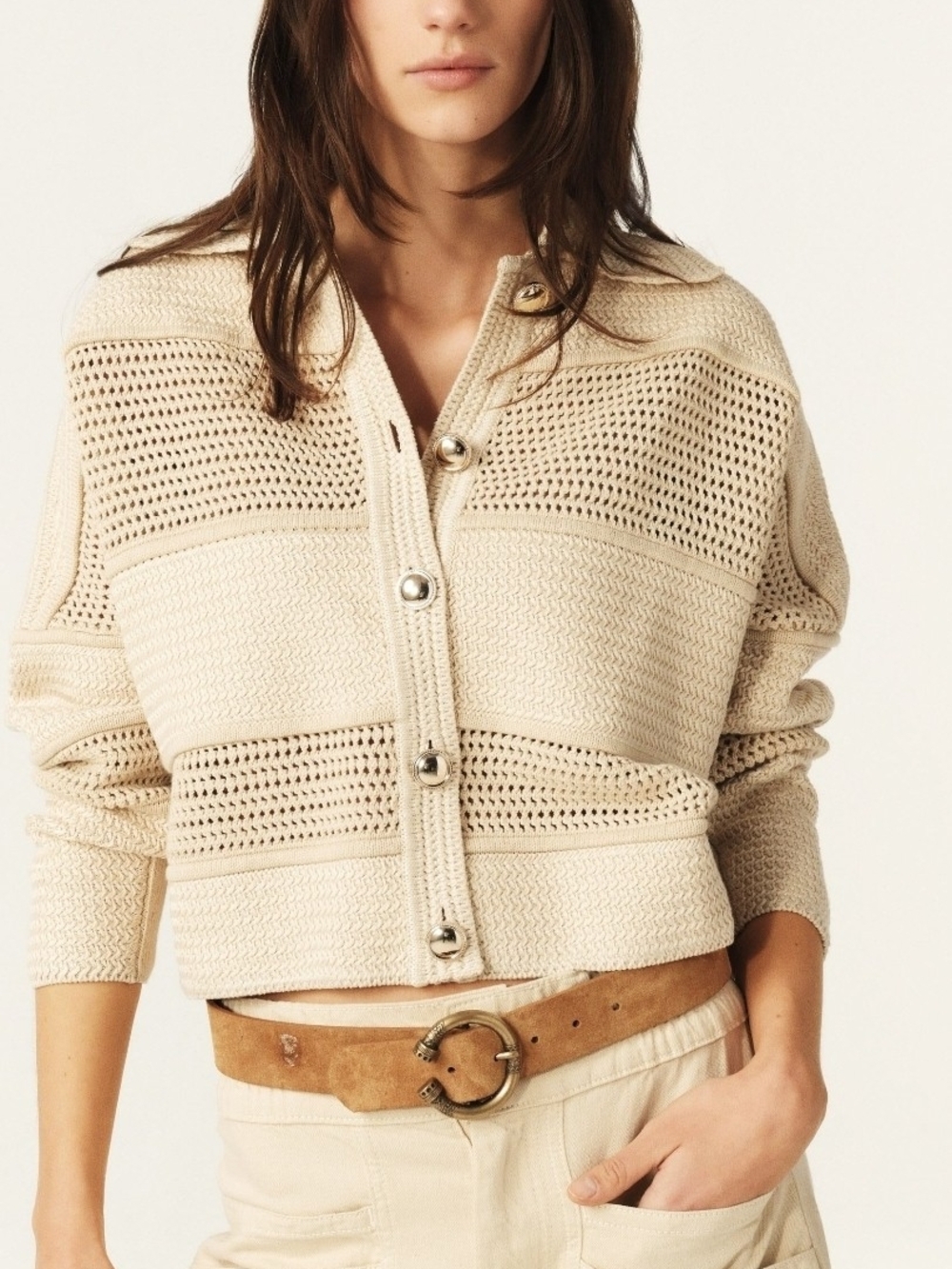 ba&sh Cream Open-Weave Button Cardigan